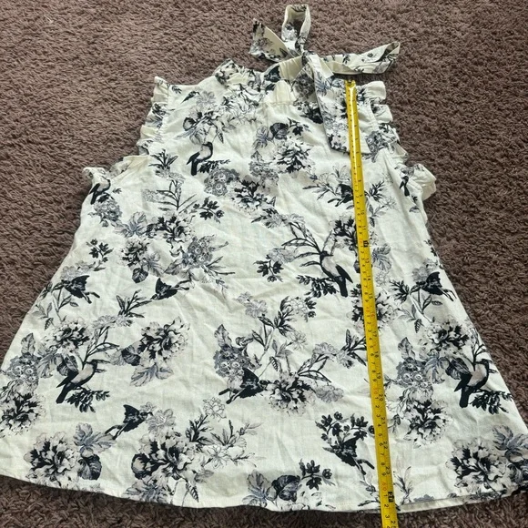 Who What Wear Floral Print Sleeveless Blouse Top Tie Neck Linen Black Cream M - Picture 8 of 10